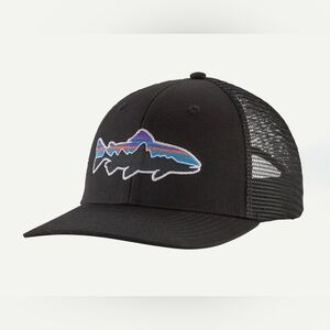 Patagonia Black Trucker Hat with Multicolor Fish Patch